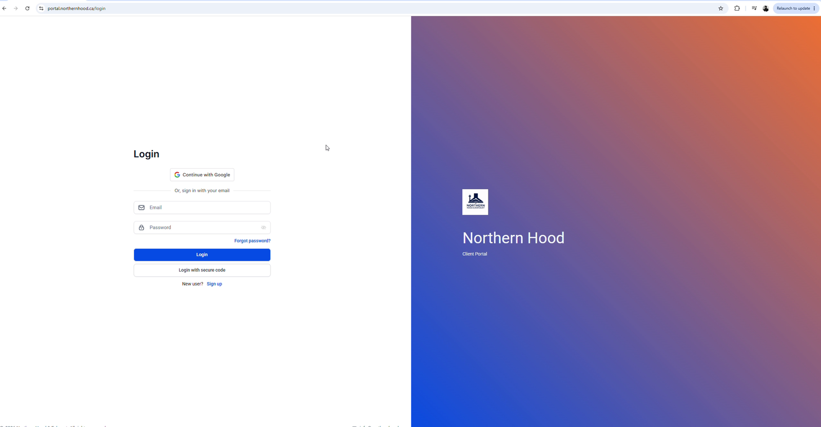 Northern Hood & Exhaust client portal login screen showing secure access for facility managers