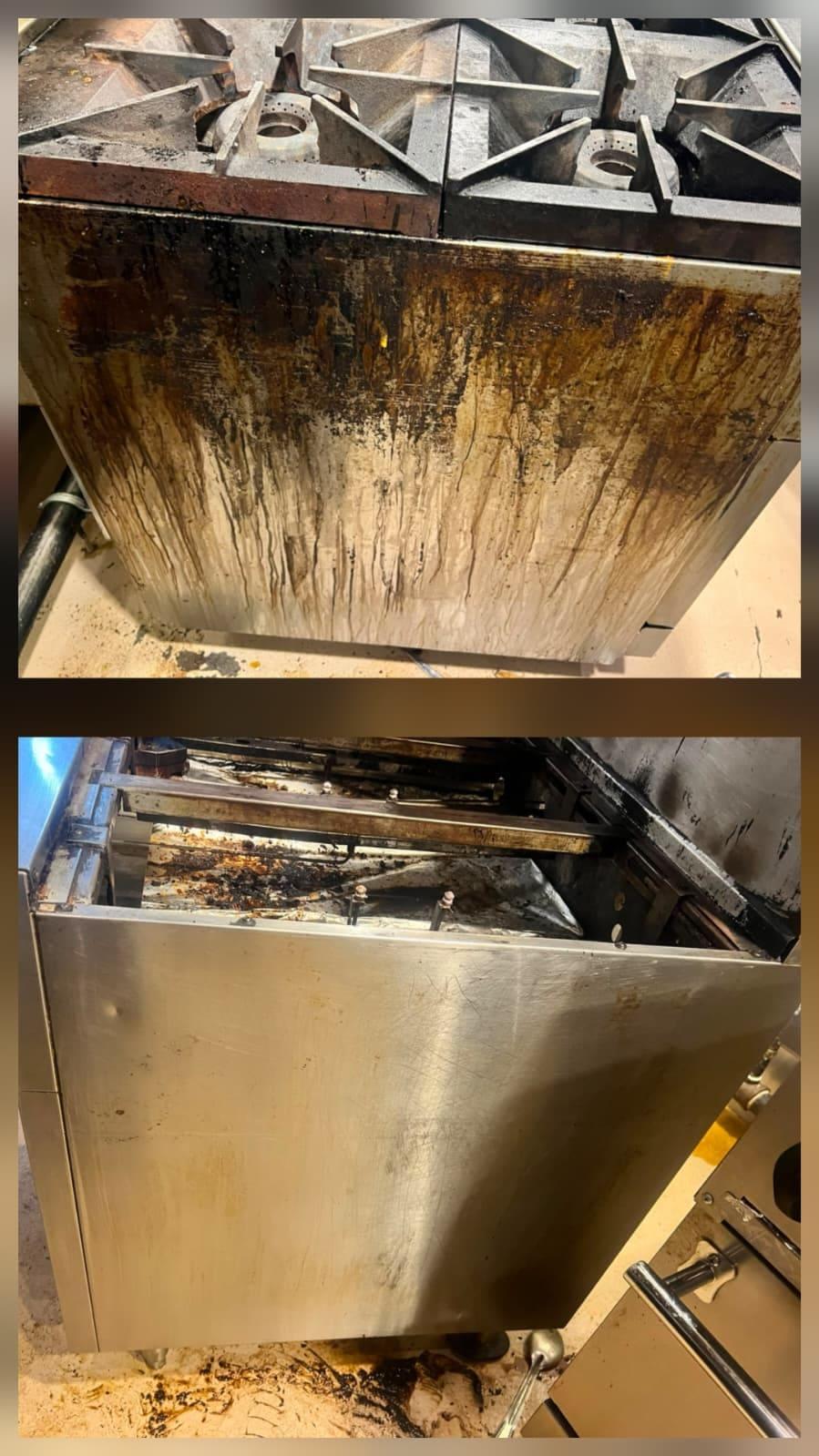 Side of a commercial gas range in a Calgary kitchen, before and after cleaning: grease running down the panel above, bare stainless below.