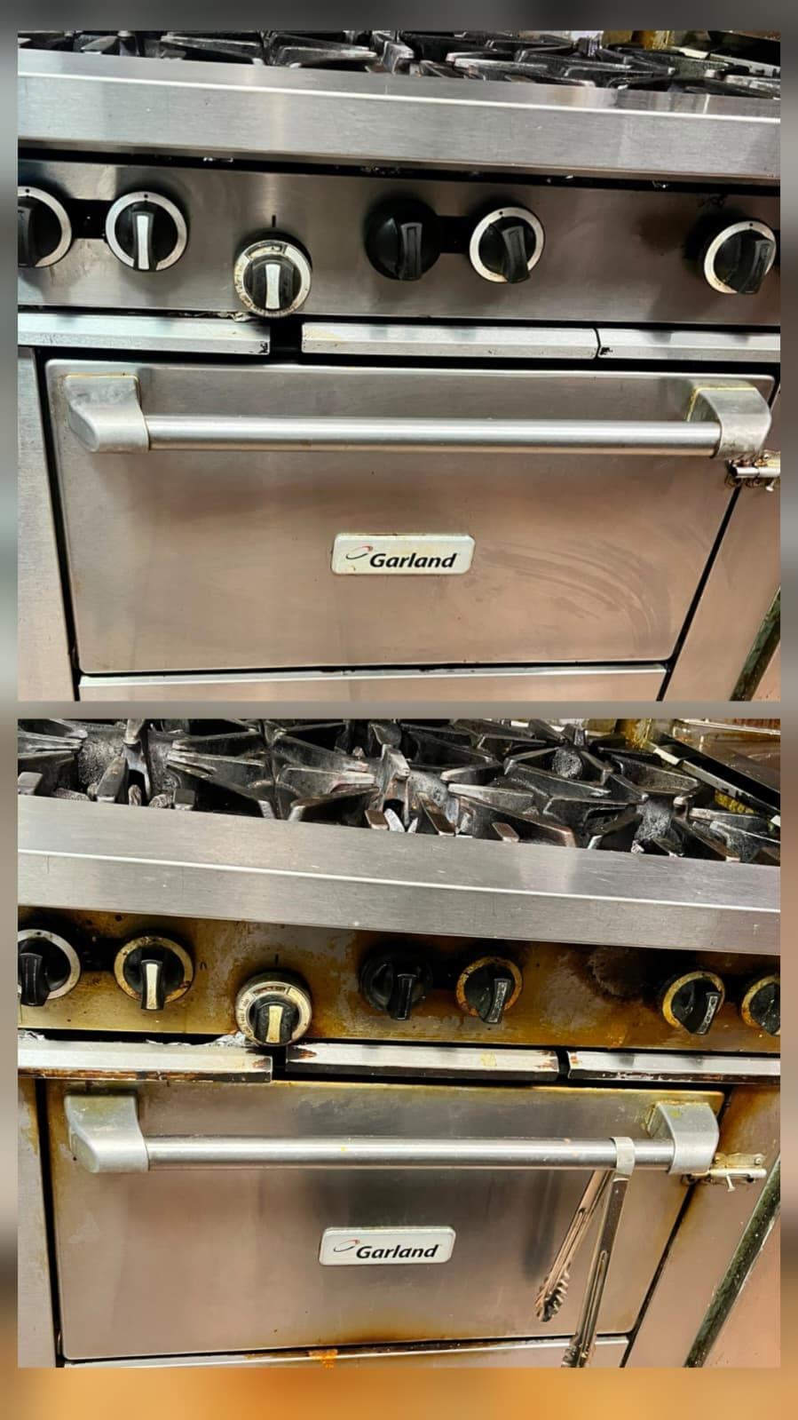Commercial gas range and oven in a Calgary kitchen, after and before cleaning: clean stainless control panel and oven door above, grease-stained knobs and door below.
