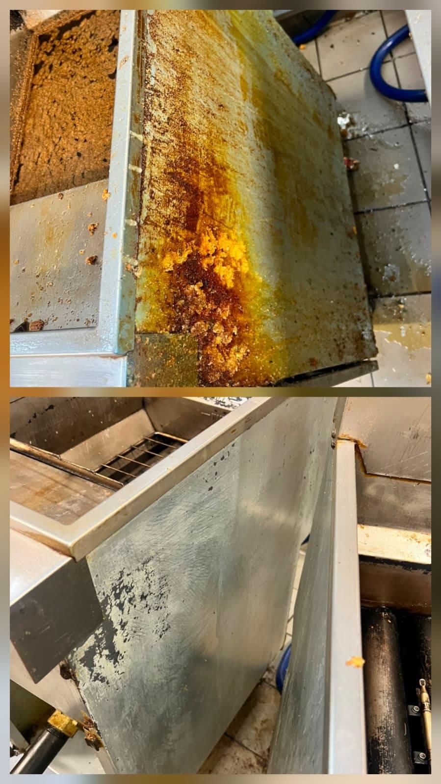 Commercial fryer cabinet panel in a Calgary kitchen, before and after cleaning: baked-on yellow grease crust above, bare stainless below.