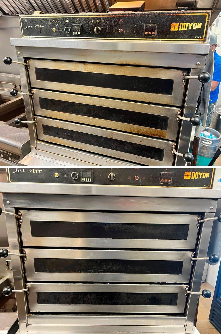 Three-deck pizza oven in a Calgary kitchen, before and after cleaning: grimed control panel and stained door faces above, clean stainless and legible controls below.