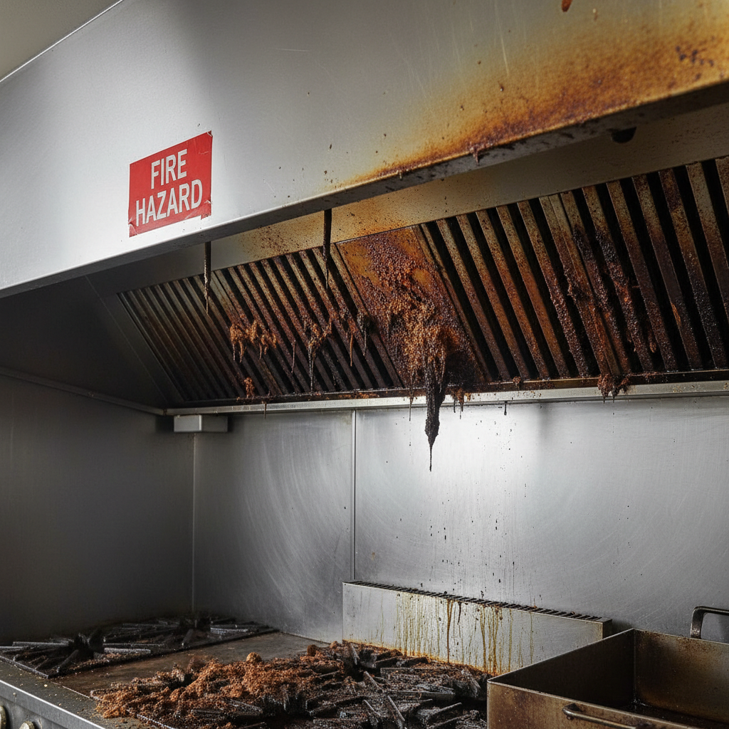 Commercial kitchen exhaust hood with grease buildup fire hazard