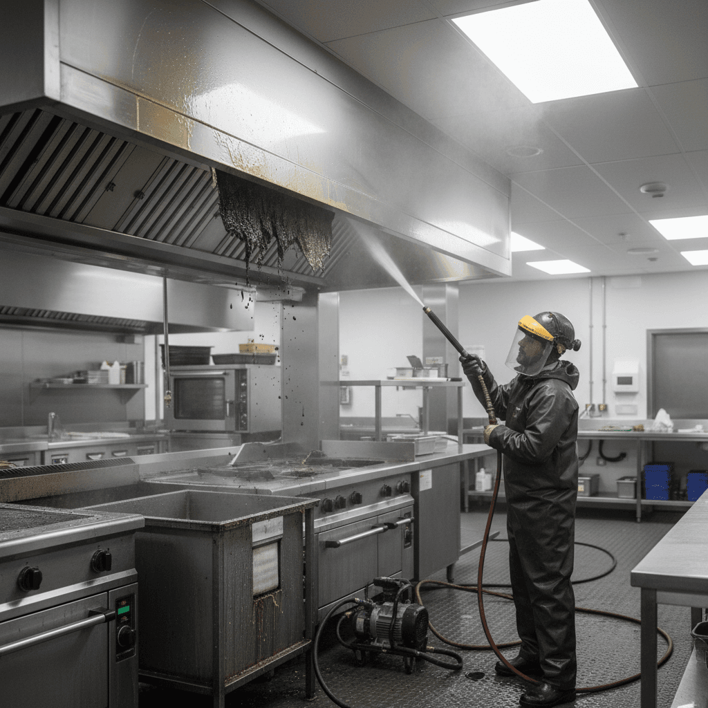 Commercial kitchen exhaust hood being pressure washed