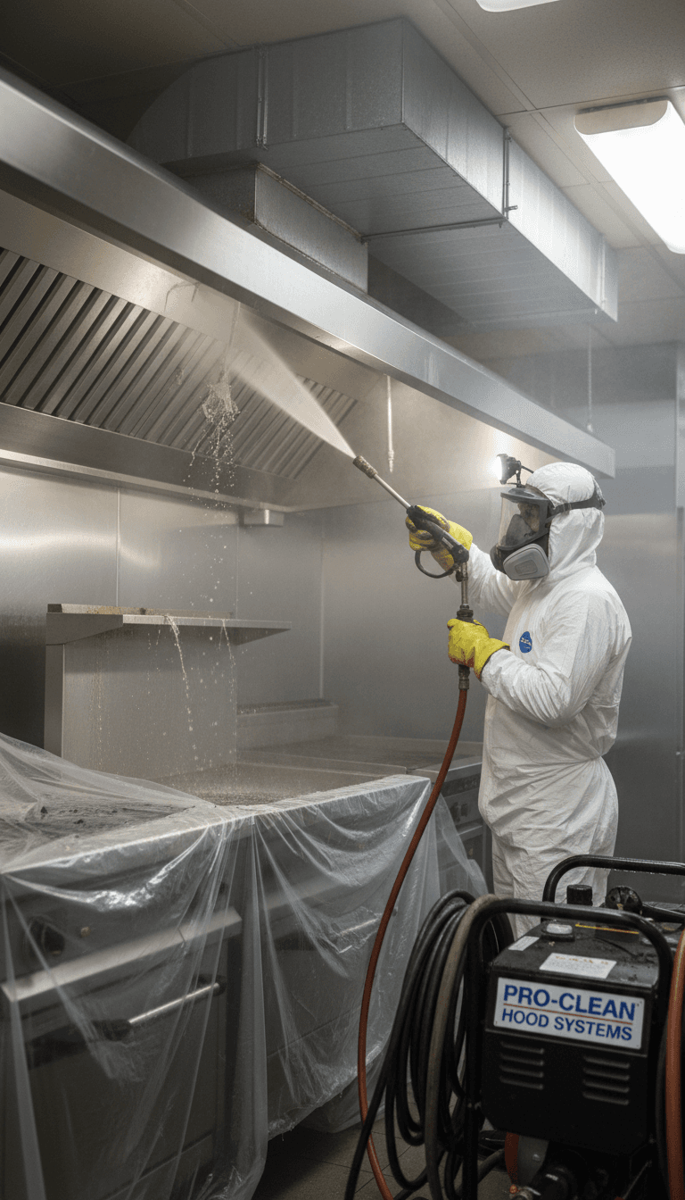 Hood cleaning service in progress