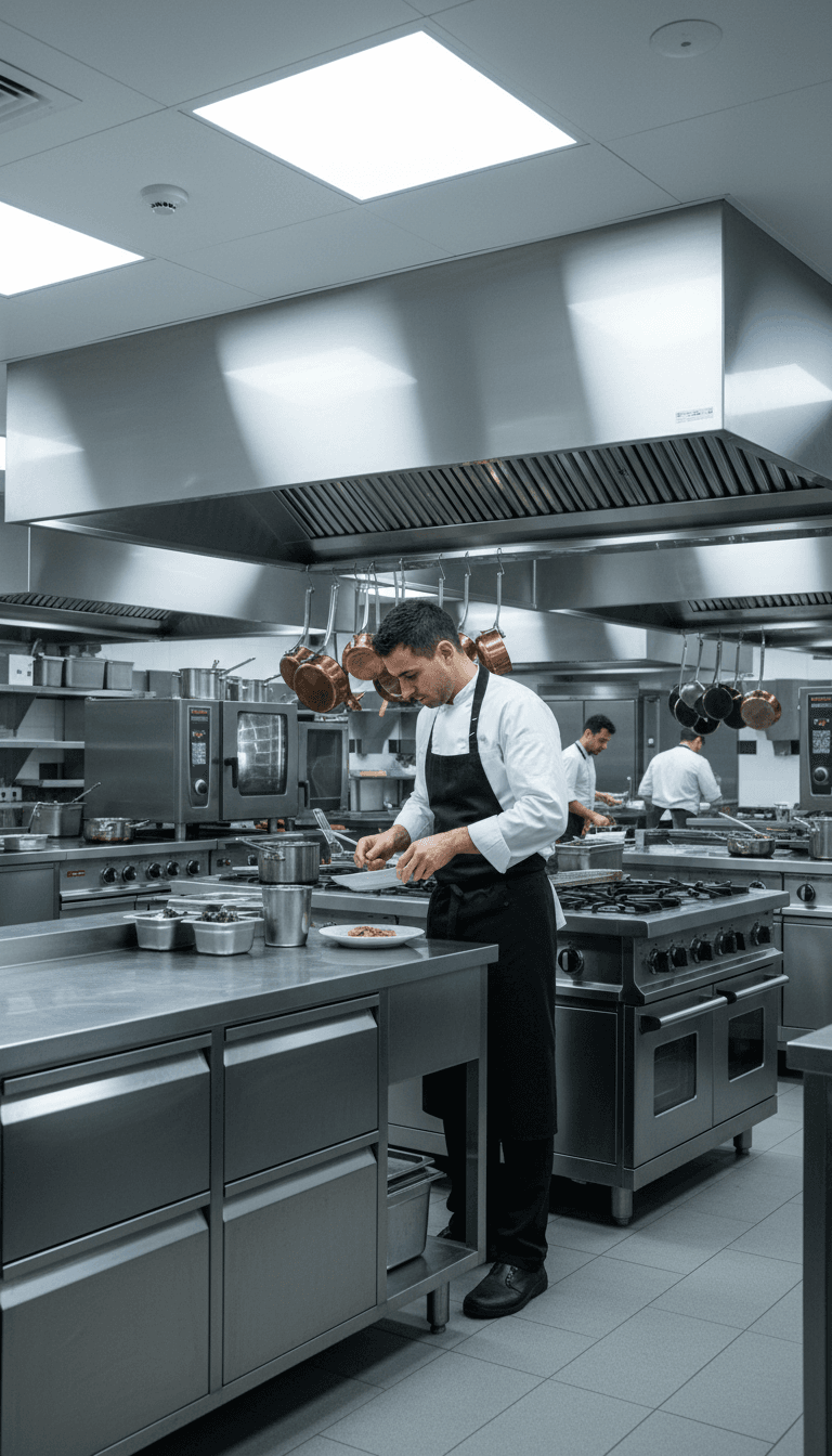 Chef preparing food in clean commercial kitchen with proper ventilation