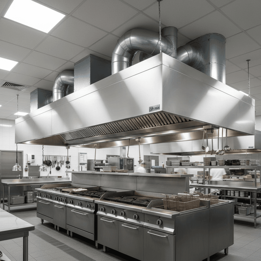 Clean stainless steel kitchen exhaust hood in commercial kitchen