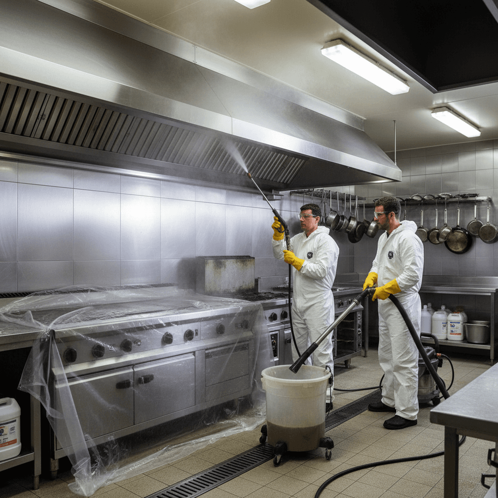 Kitchen exhaust hood being professionally cleaned with pressure washing