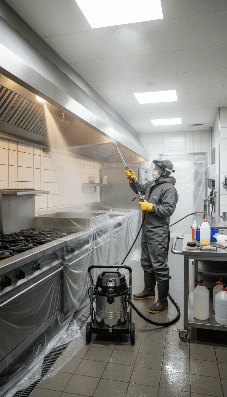 Northern Hood and Exhaust technician cleaning commercial kitchen hood