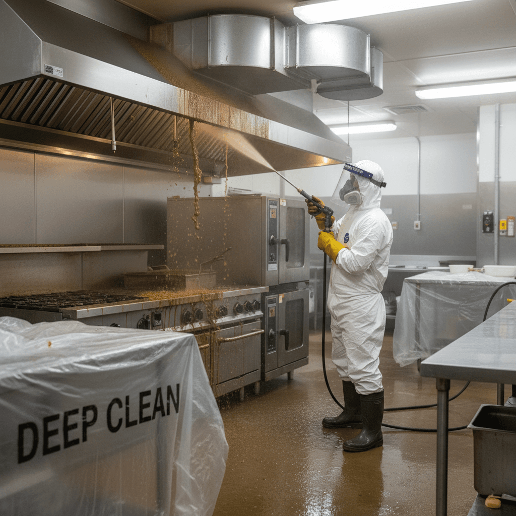 Kitchen hood cleaning in progress with pressure washing equipment