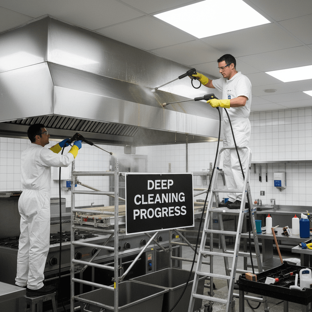 Commercial kitchen hood cleaning with professional equipment