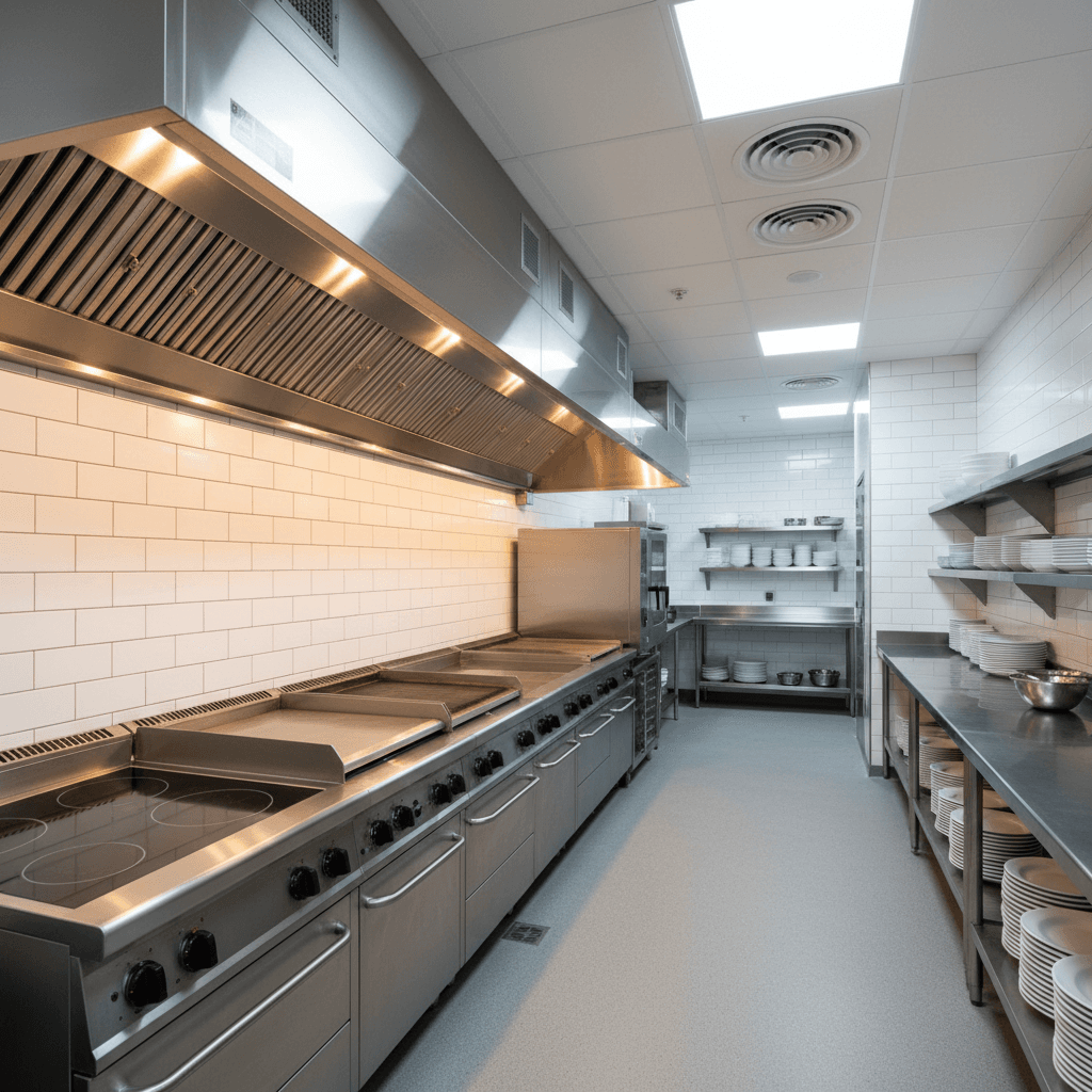 Clean commercial kitchen with professional hood system