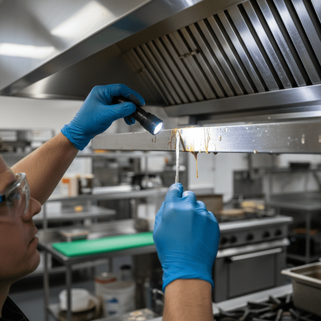 Close-up of heavy grease buildup in commercial kitchen hood showing fire safety hazard