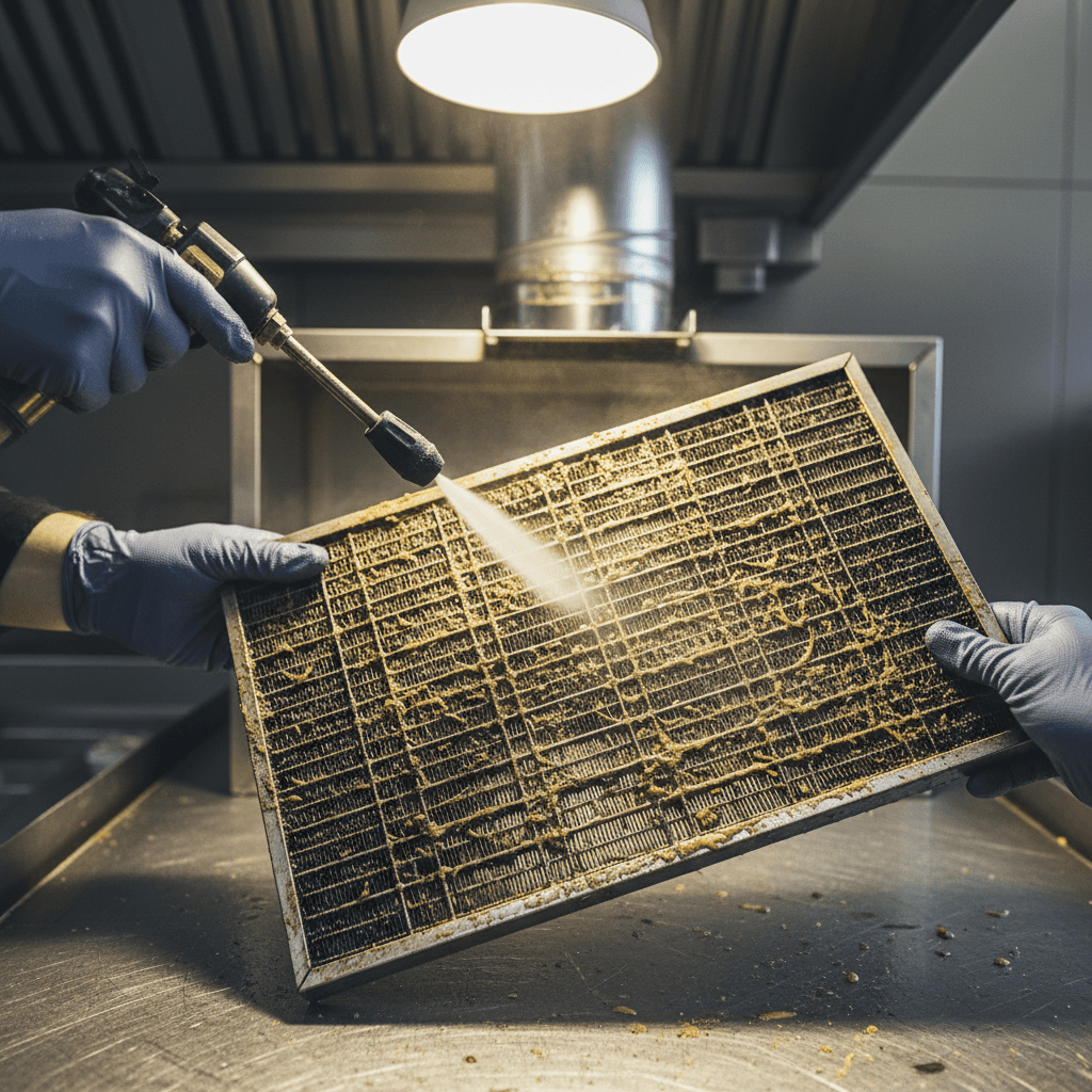 Professional pressure washing of commercial kitchen hood system during cleaning service