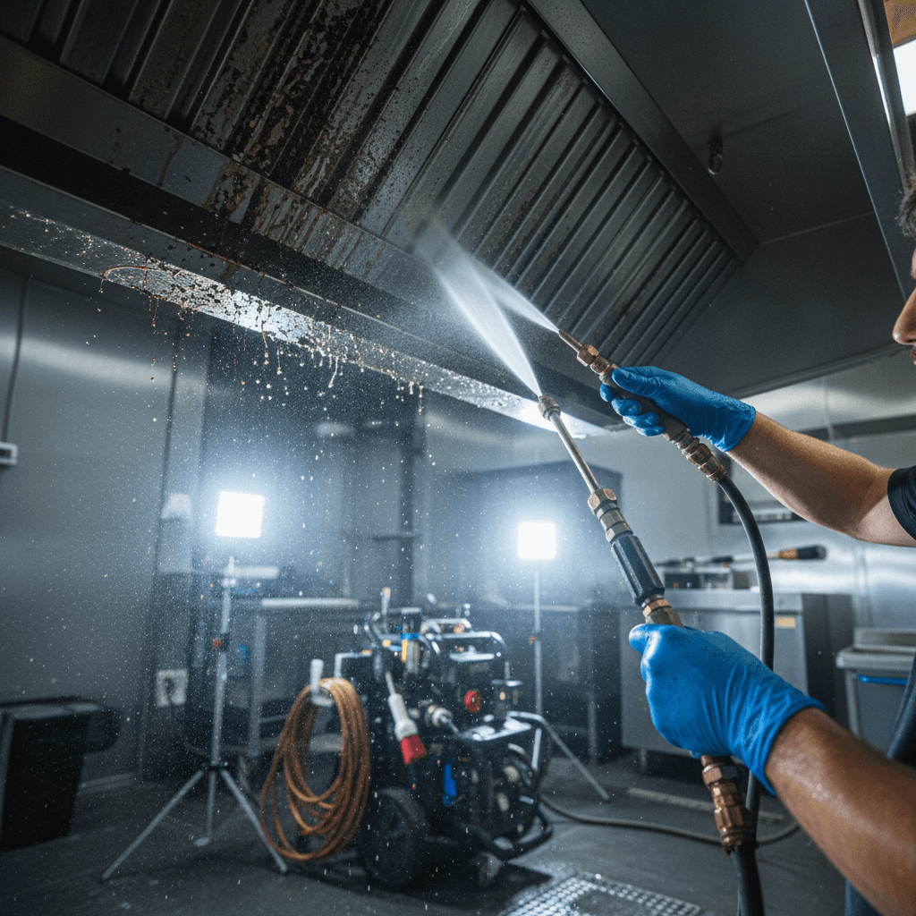 Professional pressure washing of commercial kitchen hood with heavy grease removal